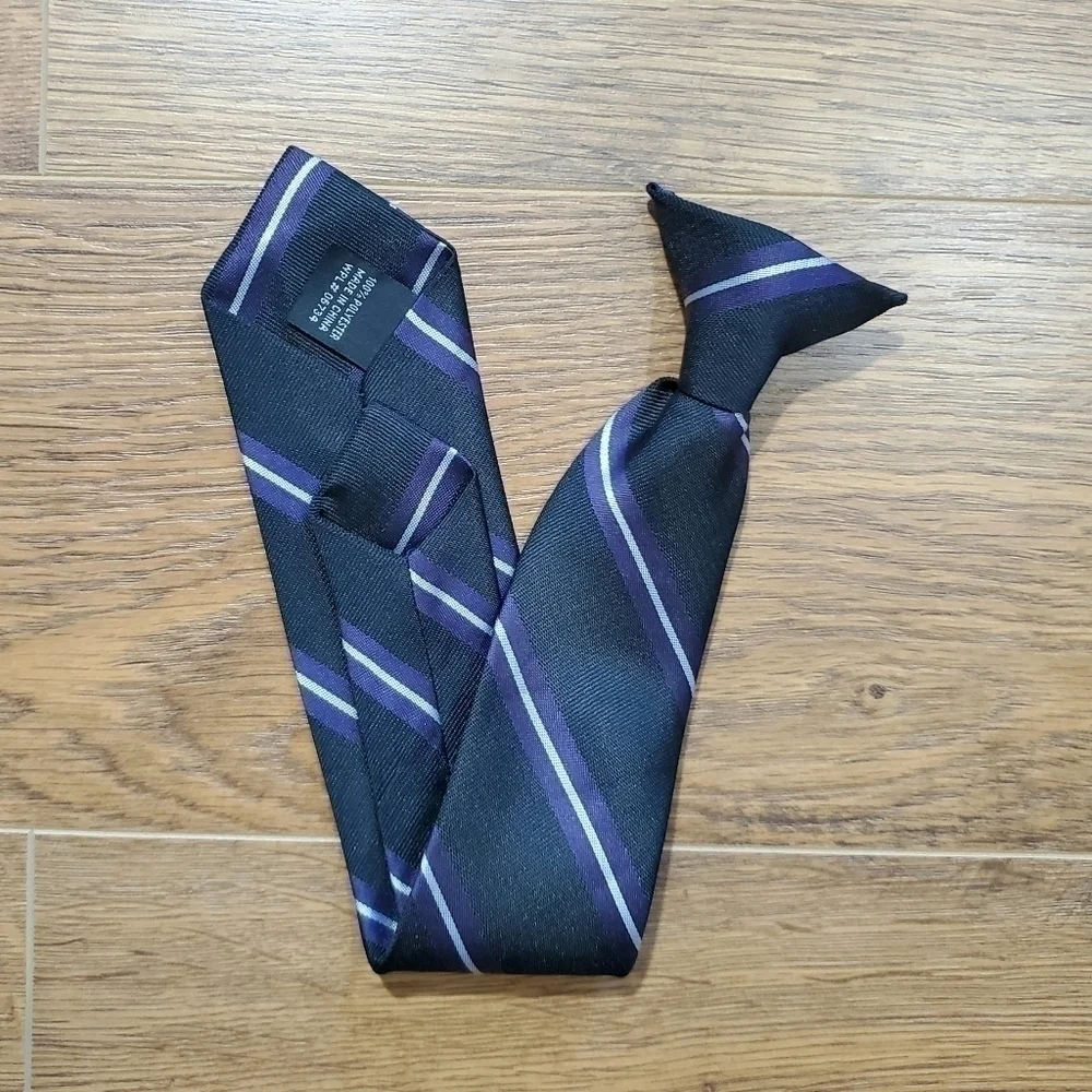 CLIP On Striped Necktie Tie Black Purple Silver Striped Young Boys